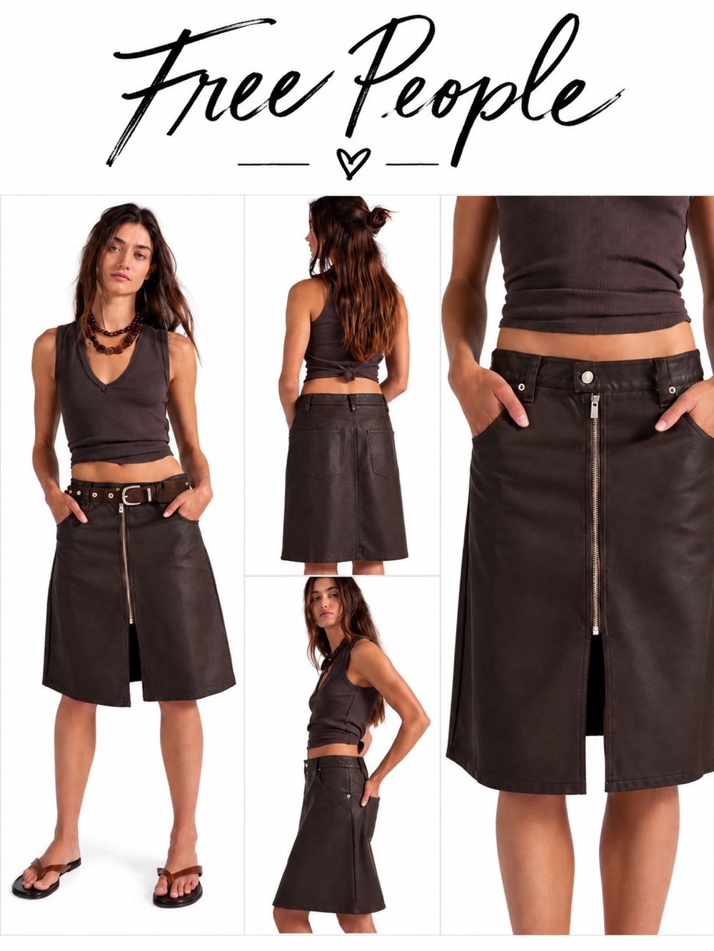 Free People Sycamore Vegan Zip-Front Midi Skirt Mid Rise 5 Pocket Design 27